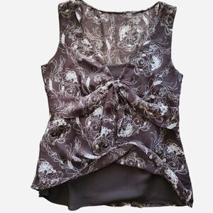 Ann Taylor Loft Brown Floral Paisley Tie Front Sheer Top Size 6